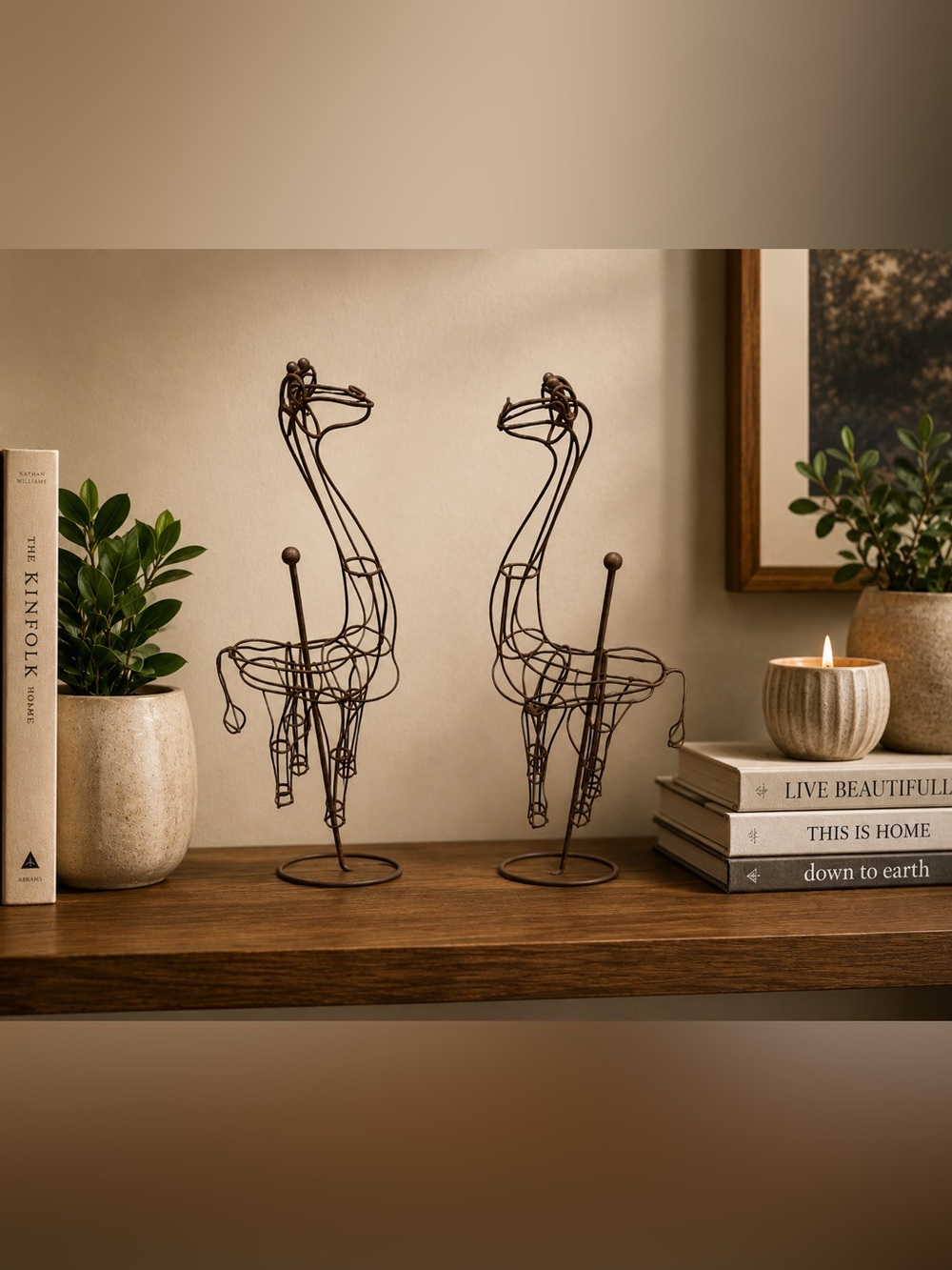 Rare Rustic Vintage Pair of Wire Metal Giraffe Sculptures- Matching Set